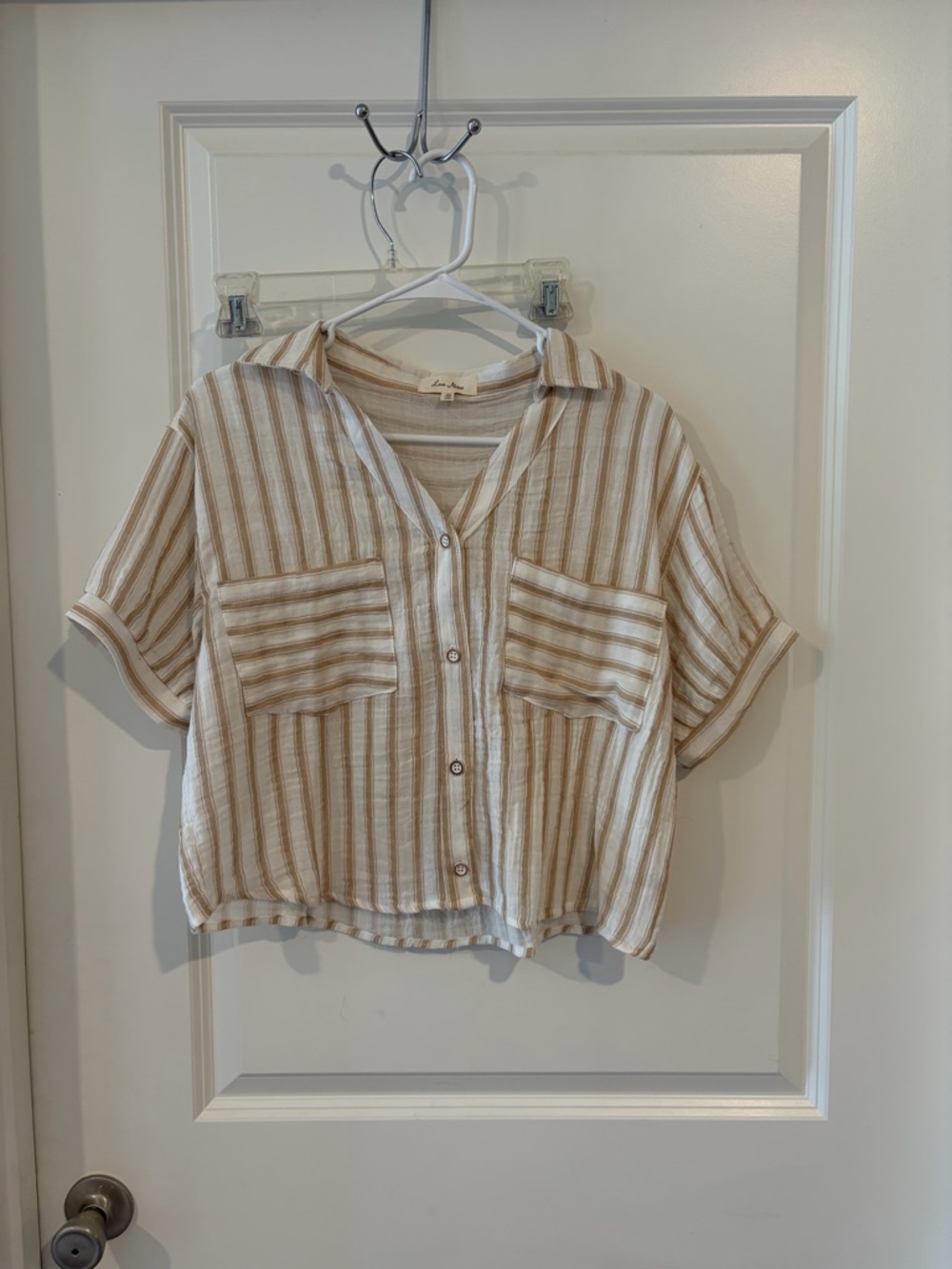 Love Notes Beige and White Striped Cropped Button-Down Shirt